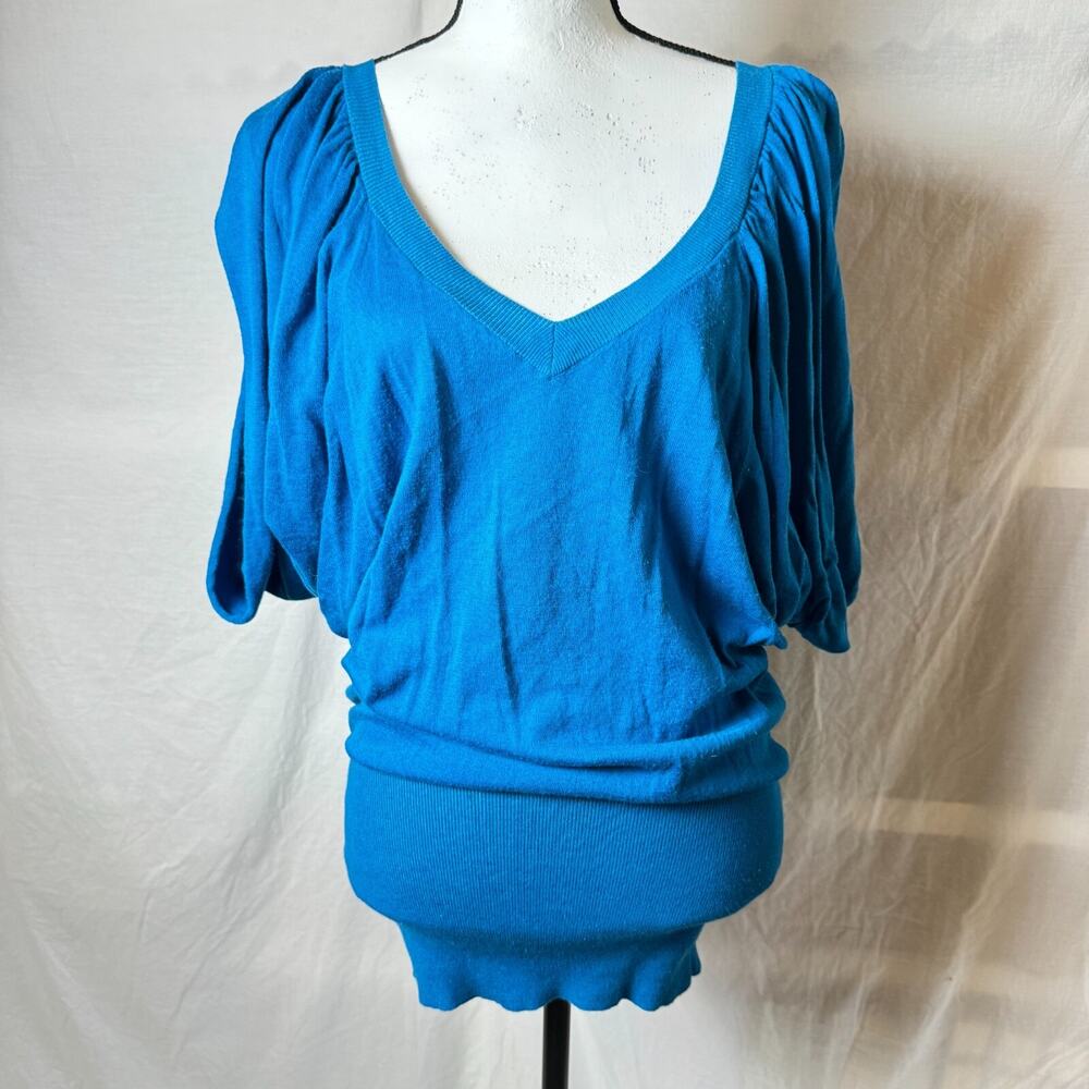 Vintage Free People Sweater Shirt Fitted Womens M Turquoise Dolman Sleeve Sexy